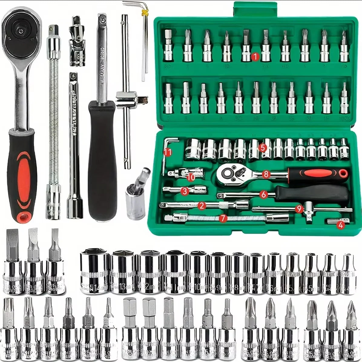 46-Piece 1/4" Drive Mechanic Tool Set – Metric Socket & Hex Bit Set with Ratchet Wrench for Auto Repair, Home Maintenance & DIY
