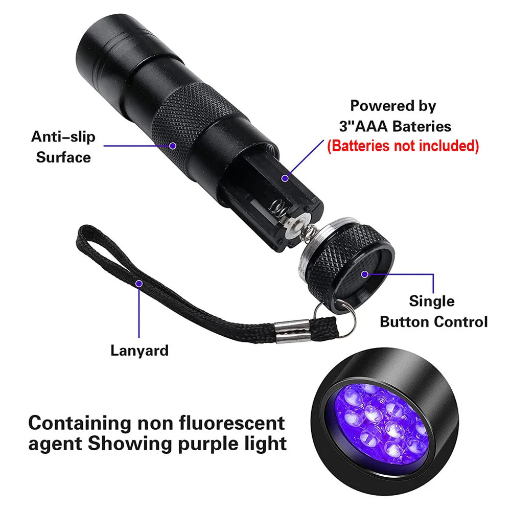 12 LED 395nm UV Handheld Waterproof Blacklight Flashlight – Mini Black Light Torch for Pet Urine Stain Detection, Leak Inspection & Fluorescent Detection