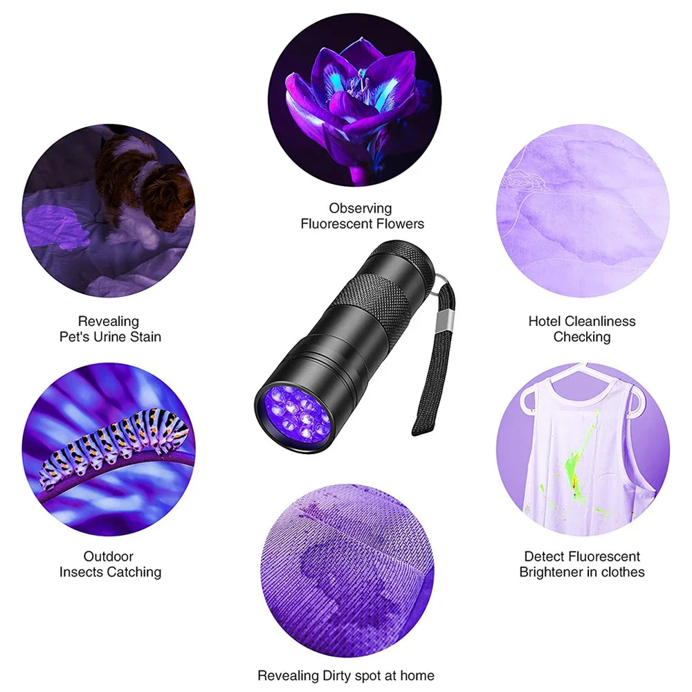12 LED 395nm UV Handheld Waterproof Blacklight Flashlight – Mini Black Light Torch for Pet Urine Stain Detection, Leak Inspection & Fluorescent Detection
