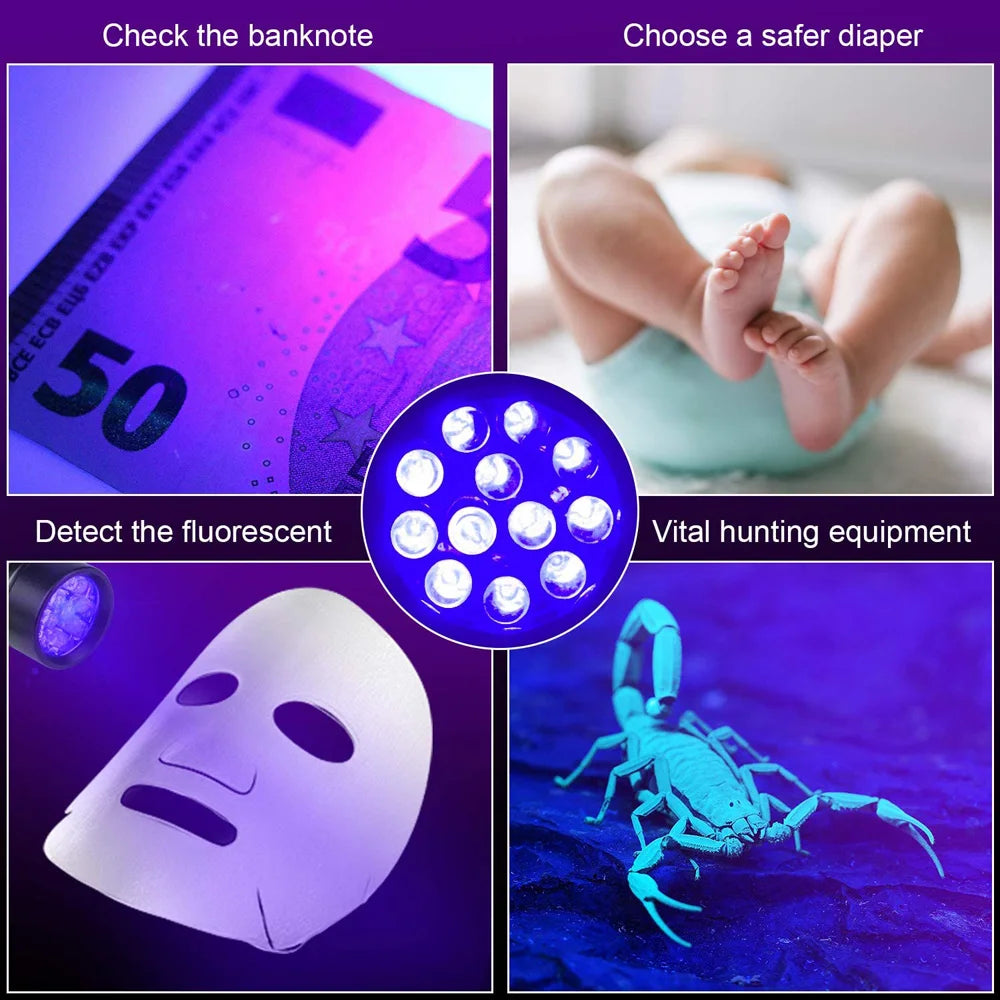 12 LED 395nm UV Handheld Waterproof Blacklight Flashlight – Mini Black Light Torch for Pet Urine Stain Detection, Leak Inspection & Fluorescent Detection