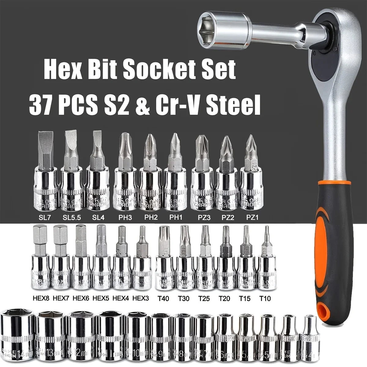 46-Piece 1/4" Drive Mechanic Tool Set – Metric Socket & Hex Bit Set with Ratchet Wrench for Auto Repair, Home Maintenance & DIY