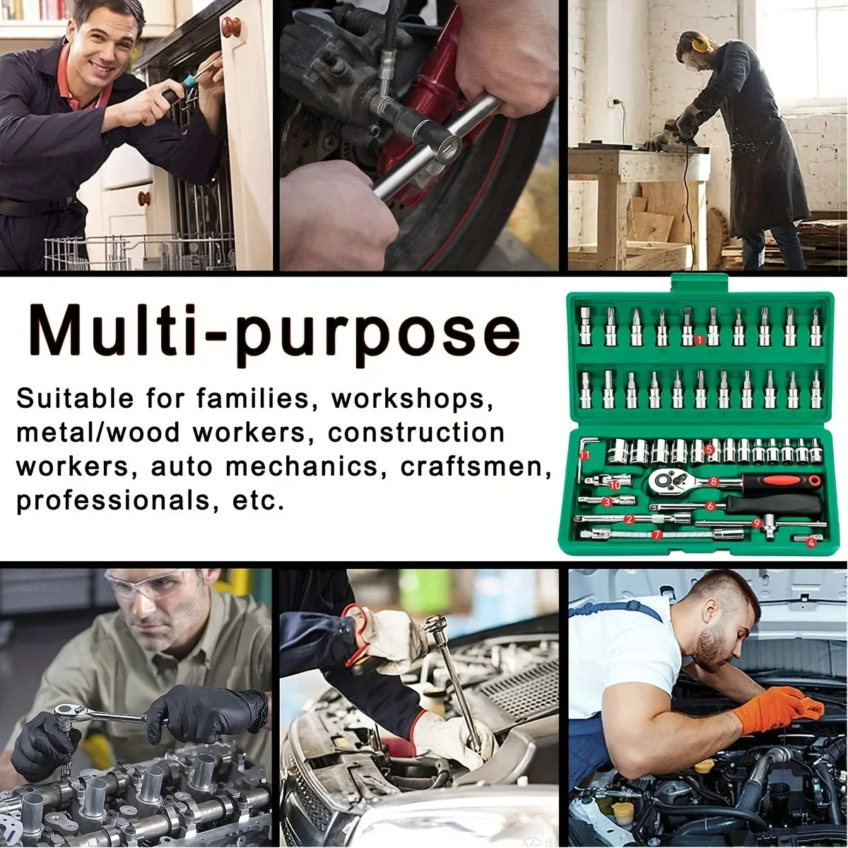 46-Piece 1/4" Drive Mechanic Tool Set – Metric Socket & Hex Bit Set with Ratchet Wrench for Auto Repair, Home Maintenance & DIY