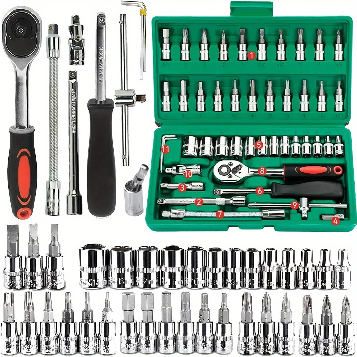 46-Piece 1/4" Drive Mechanic Tool Set – Metric Socket & Hex Bit Set with Ratchet Wrench for Auto Repair, Home Maintenance & DIY